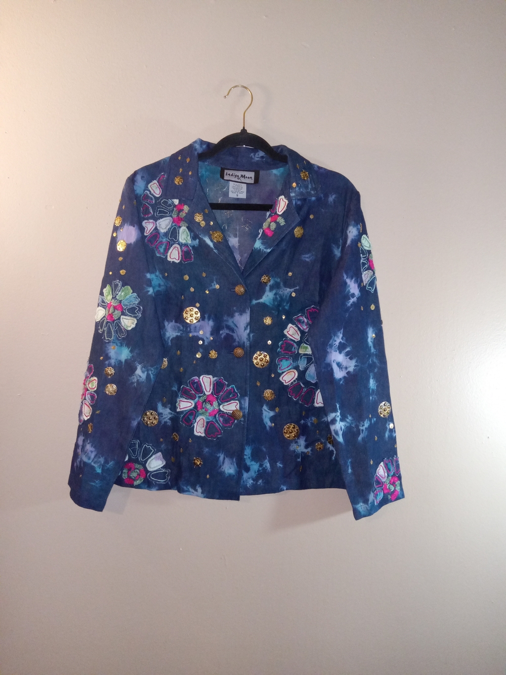 Patchwork Embroidered Navy Jean Jacket with Decorative Buttons